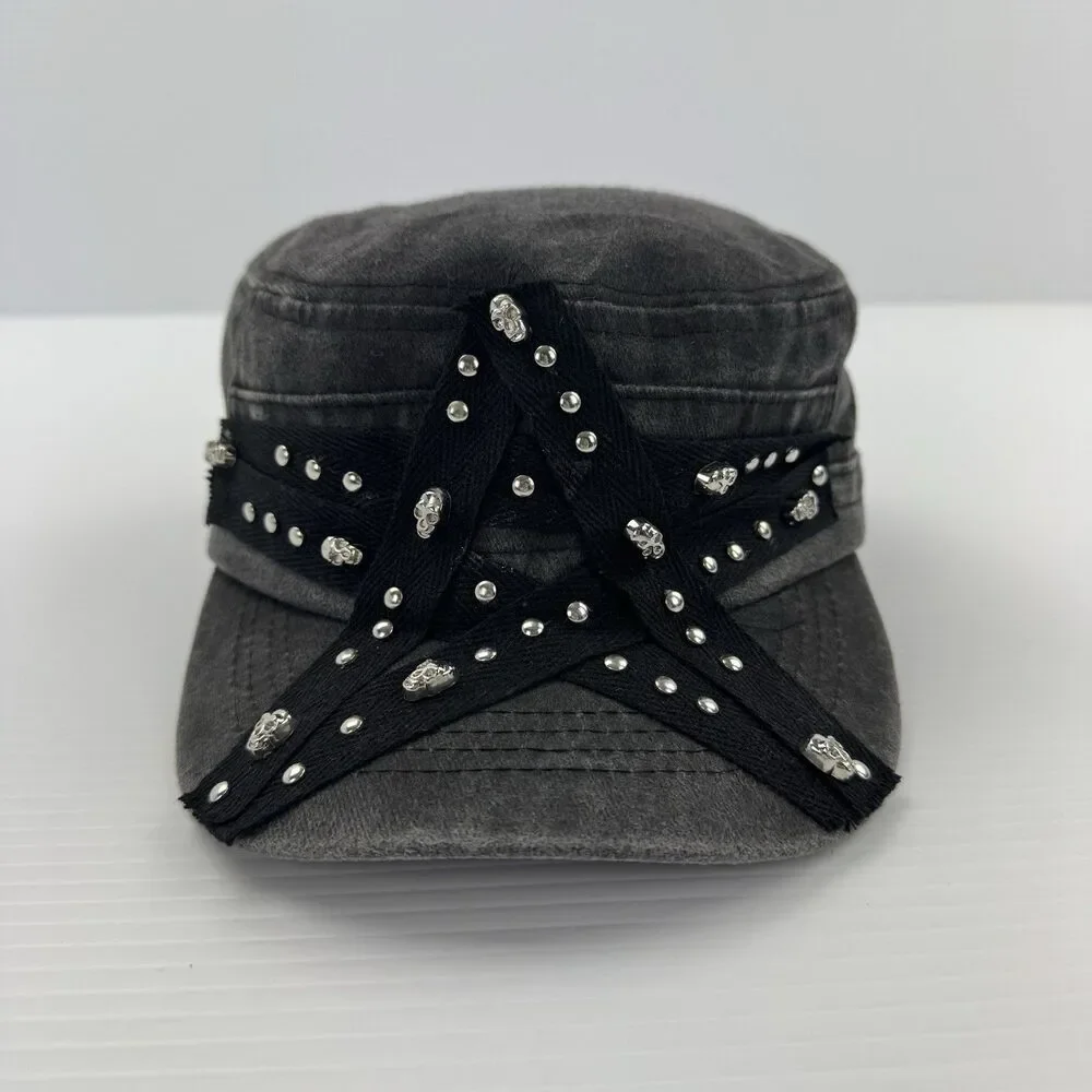 Hot Topic Star Skull Stud Cadet Hat Gray Black Studded Military Cap Adjustable